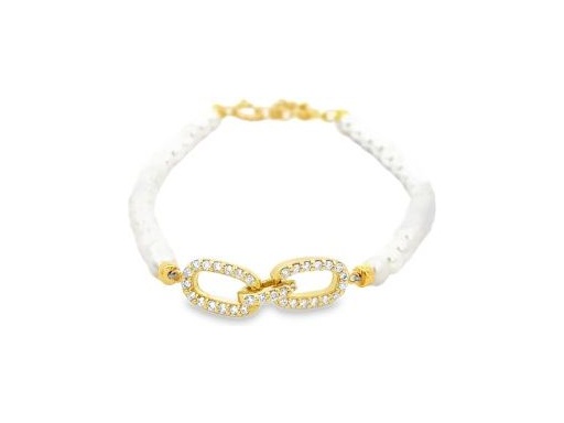 Fresh Water Pearl & Natural Diamond Link Bracelet – 18K Gold